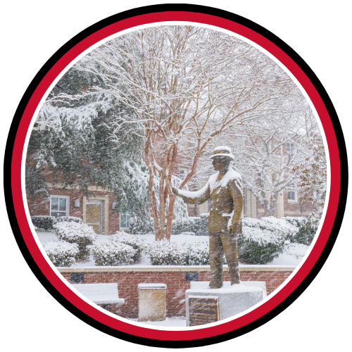 campus atkins statue with snow