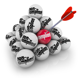 stock art of a ball with the work compliance on it, hit with an arrow, amid many other balls that have the word non-compliant on them