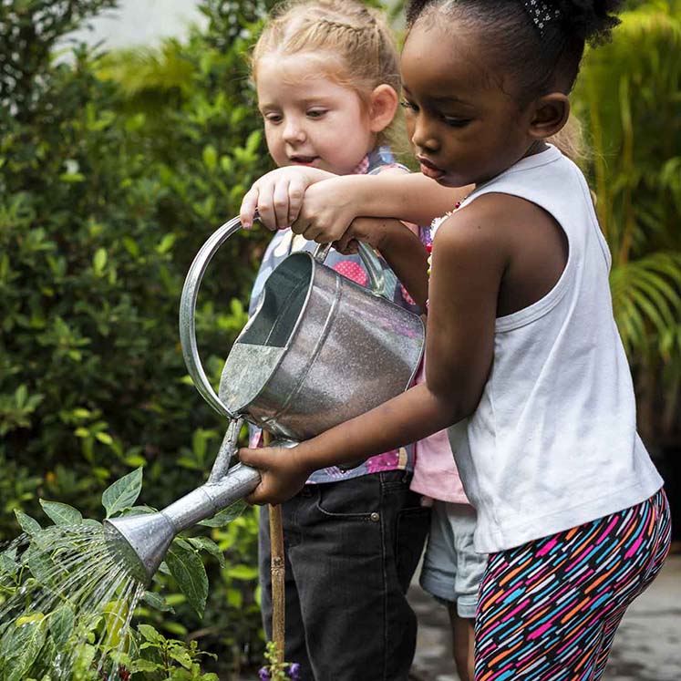Children watering plants.