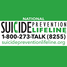 National Suicide Prevention Lifeline. 1-800-273-TALK, 1-800-273-8255, suicidepreventionlifeline.org