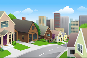 illustration of several homes in a neighborhood.